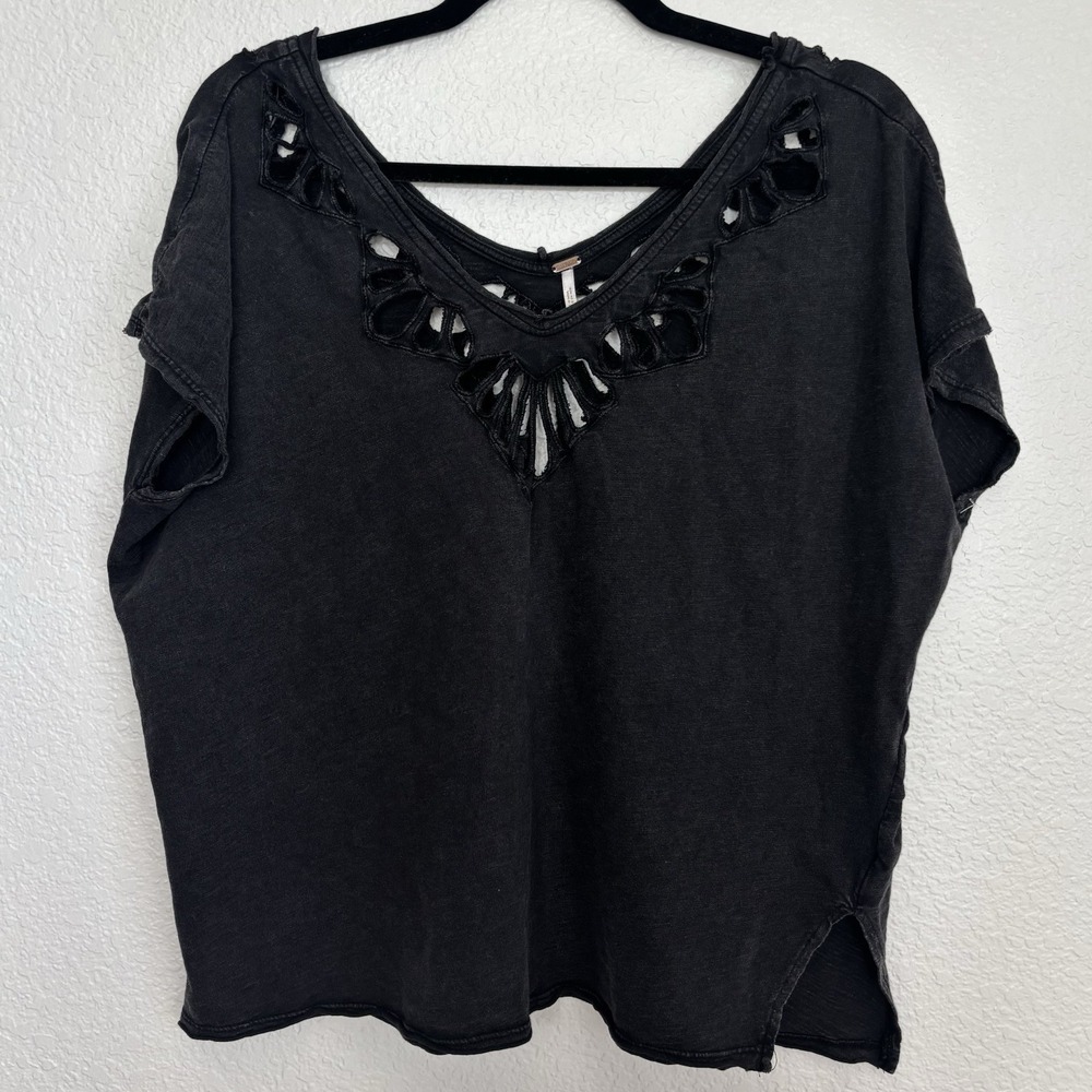 Free People Black Cutout Crochet Neck Short Sleeve Oversized Cotton Top Small
